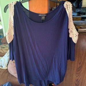 navy blouse with crochet cold shoulder